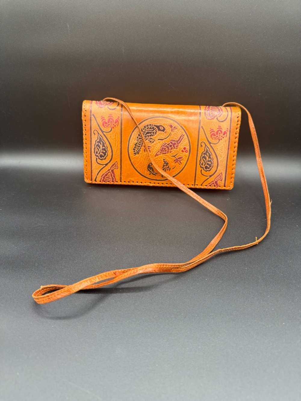 NWOT- Unique Handcrafted Tan Leather purse with Embossed Bird Motif - New